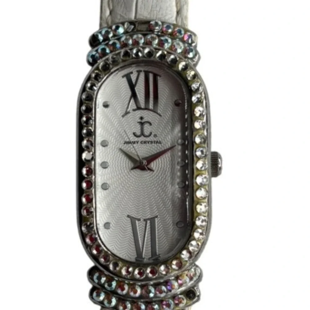 Jimmy Crystal Womens Oval Case Watch Rhinestone White Band Water Resistant WJ532